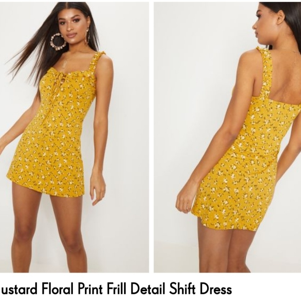 PLT mustard print flower frill detail shift dress
